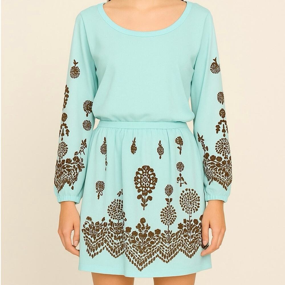 Vintage Jane Colby 2-Piece Dress Set – Aqua Blue with Brown Floral Print